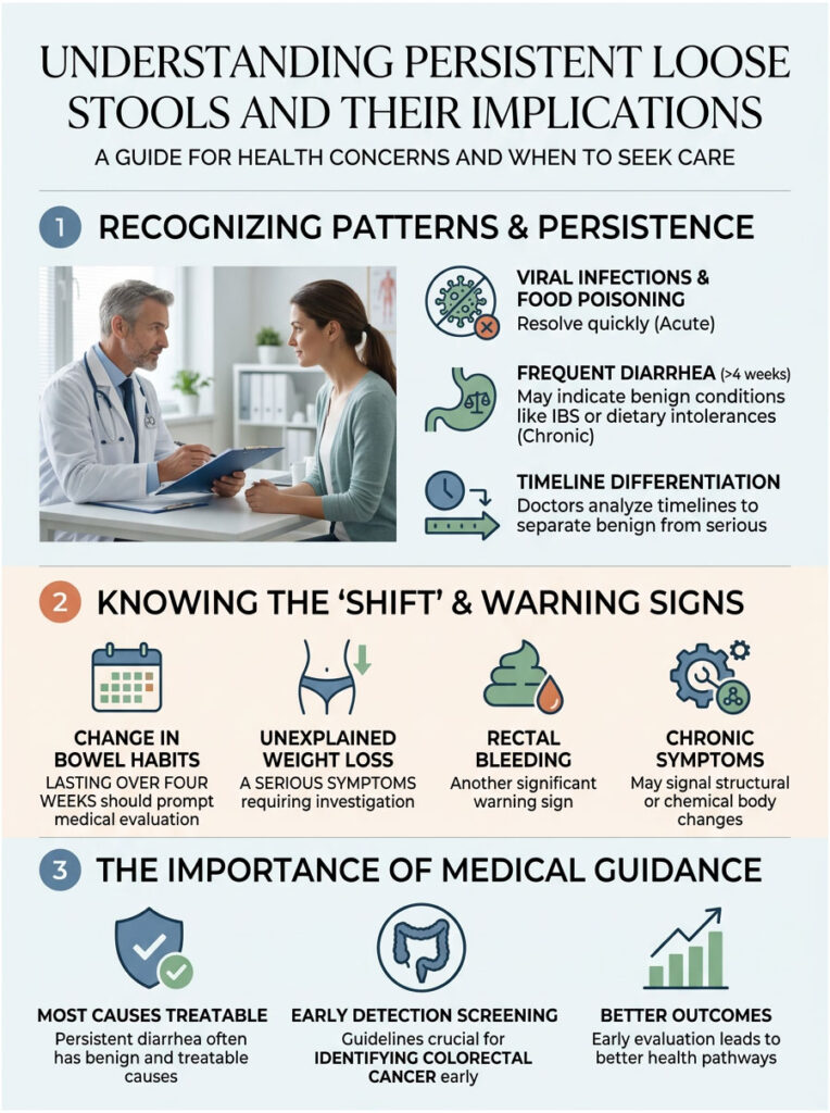 Infographic explaining persistent loose stools, featuring symptoms, warning signs, and medical guidance.