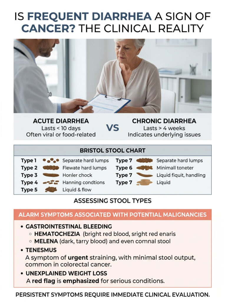 Infographic comparing acute and chronic diarrhea, including Bristol stool chart and alarm symptoms for cancer.