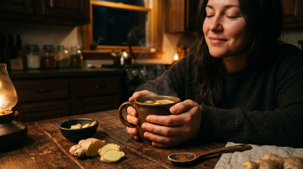 A woman enjoys a steaming cup of ginger tea at a wooden table, with ginger roots and a lantern nearby.