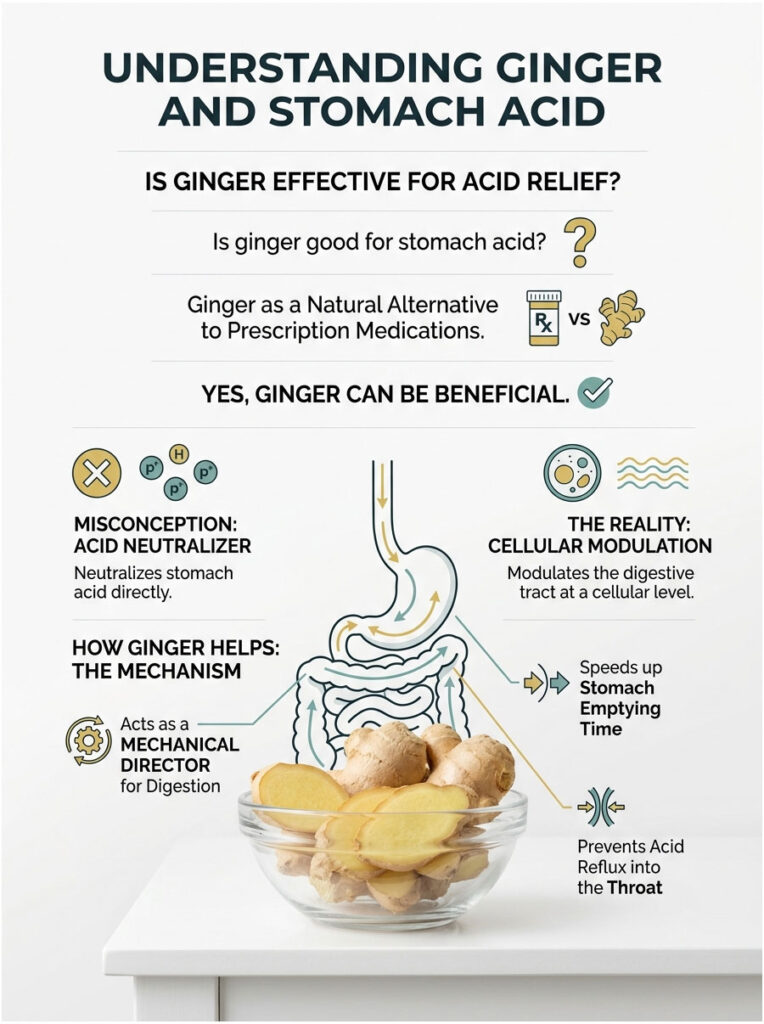 Infographic explaining ginger's effects on stomach acid, including misconceptions and benefits with illustrations.