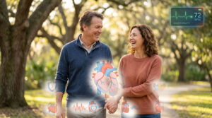 A couple walks hand-in-hand, smiling in a sunny park with heart health icons around them.