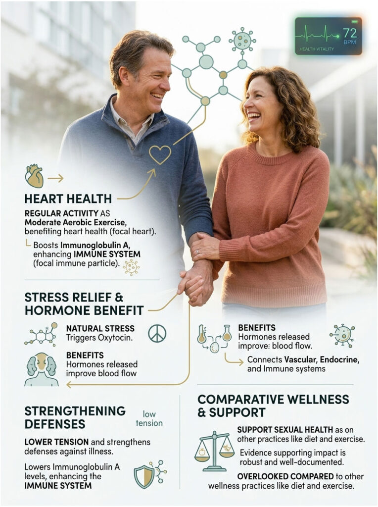 A couple smiles while holding hands, with health benefits of exercise illustrated, including heart health and stress relief. Infographic.