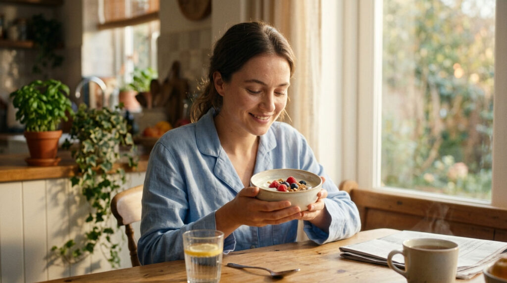 A woman in a blue shirt smiles while holding a bowl of fruit and granola at a wooden table in a bright kitchen.