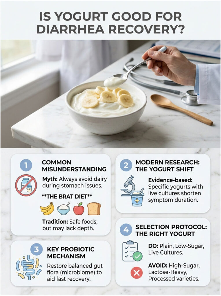 Infographic explaining yogurt's benefits for diarrhea recovery with text, icons, and a bowl of yogurt with bananas.