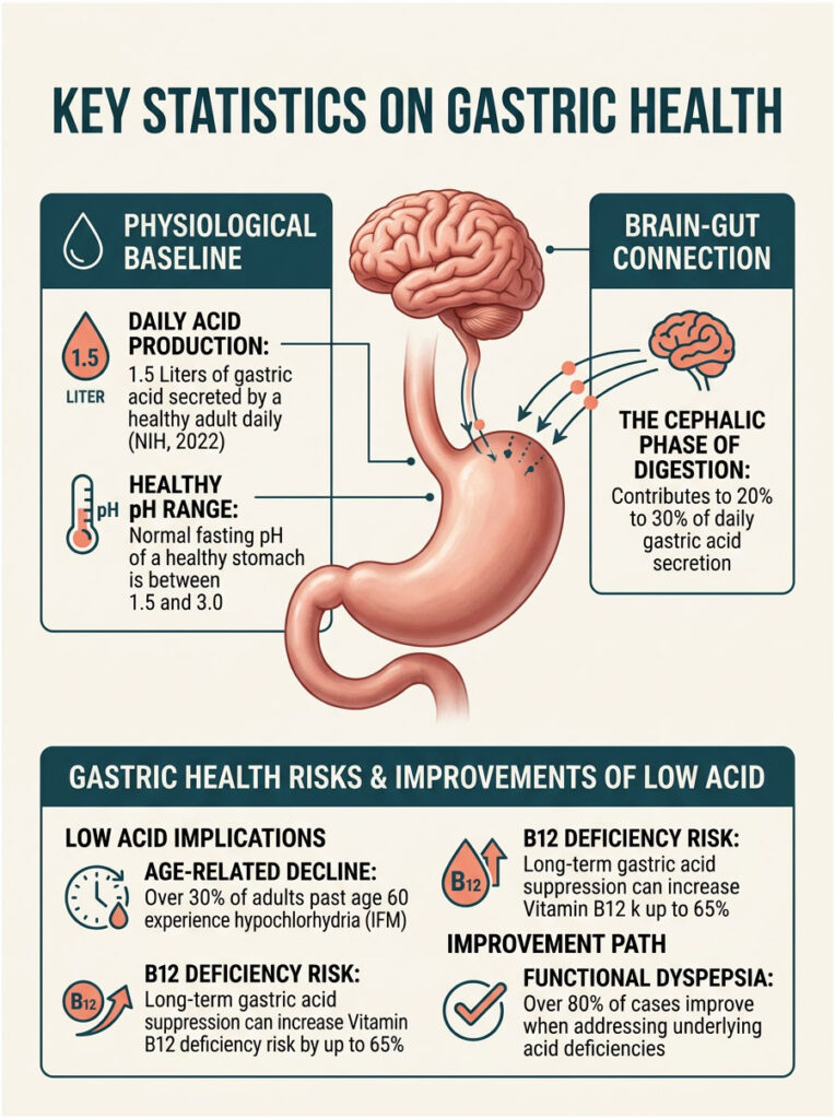Infographic showing gastric health statistics, including daily acid production, pH range, and health risks of low acid.