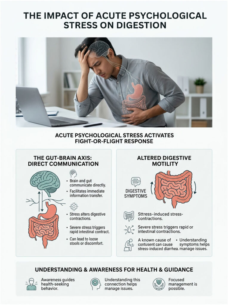 Infographic showing the impact of acute psychological stress on digestion with illustrations and text on gut-brain communication.
