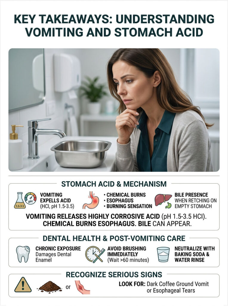 Woman looks concerned near a sink with a bowl, infographic on vomiting and stomach acid details key points.