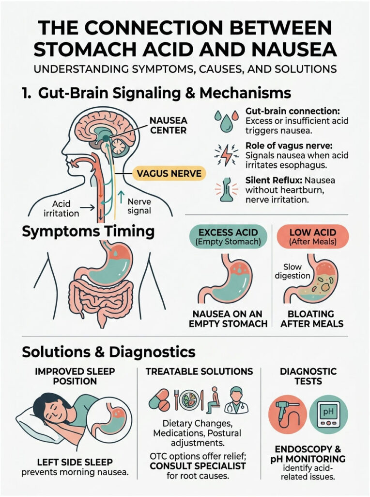 Infographic explaining stomach acid and nausea, featuring diagrams, symptoms, and solutions for relief.