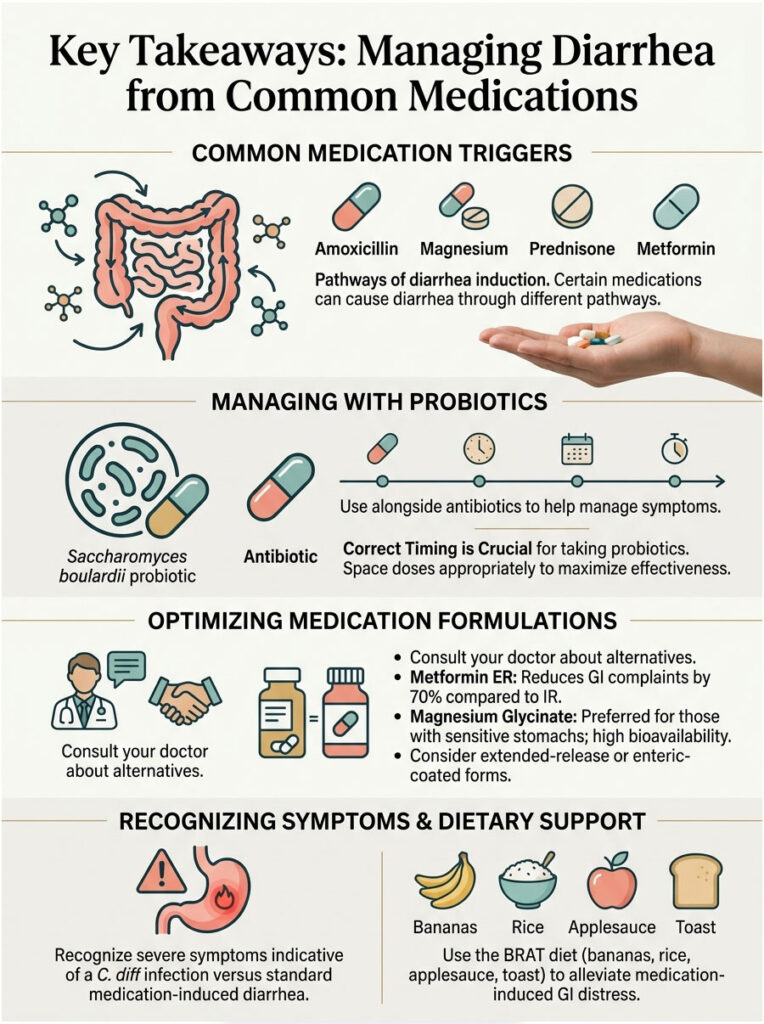 Infographic detailing managing diarrhea from medications, featuring medication triggers, probiotics, and dietary support.