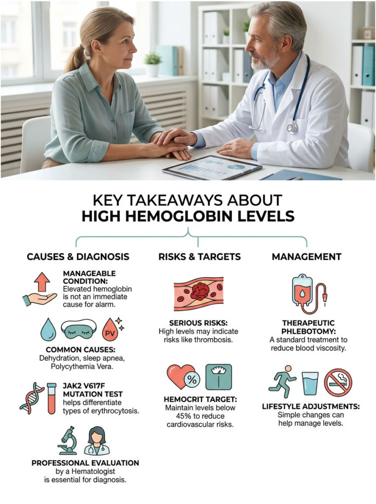 Infographic detailing high hemoglobin levels with sections on causes, risks, and management strategies.