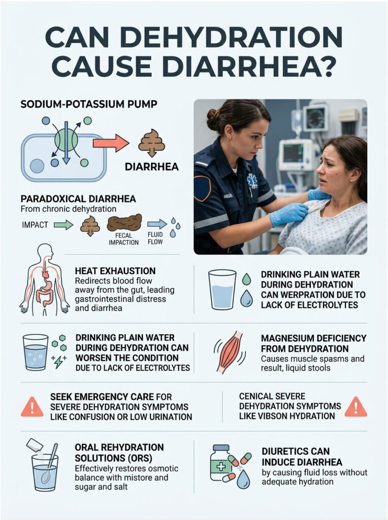 Infographic explaining how dehydration can cause diarrhea, featuring charts and illustrations of symptoms and solutions.