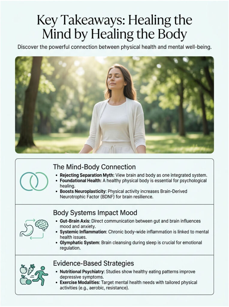 Infographic on healing the mind through physical health, featuring key takeaways and illustrations of concepts.