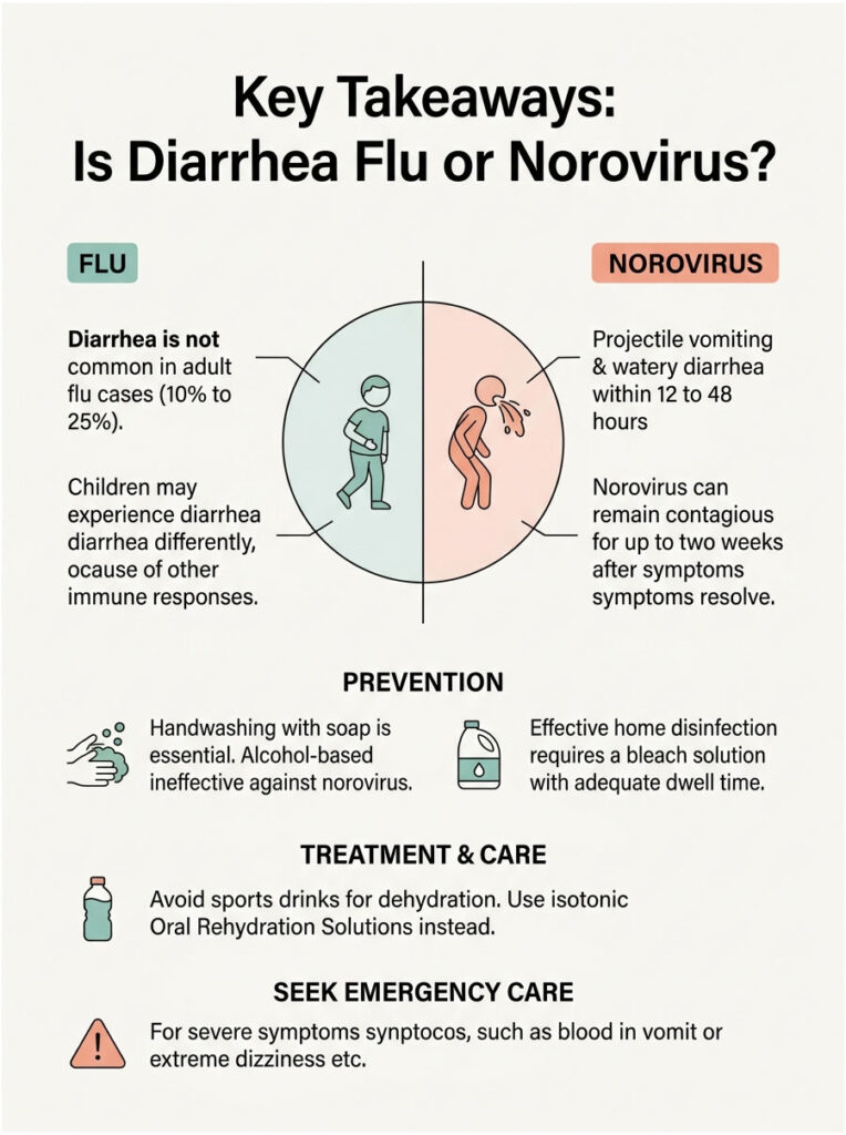 Infographic comparing flu and norovirus symptoms, prevention, and treatment methods with icons and text.