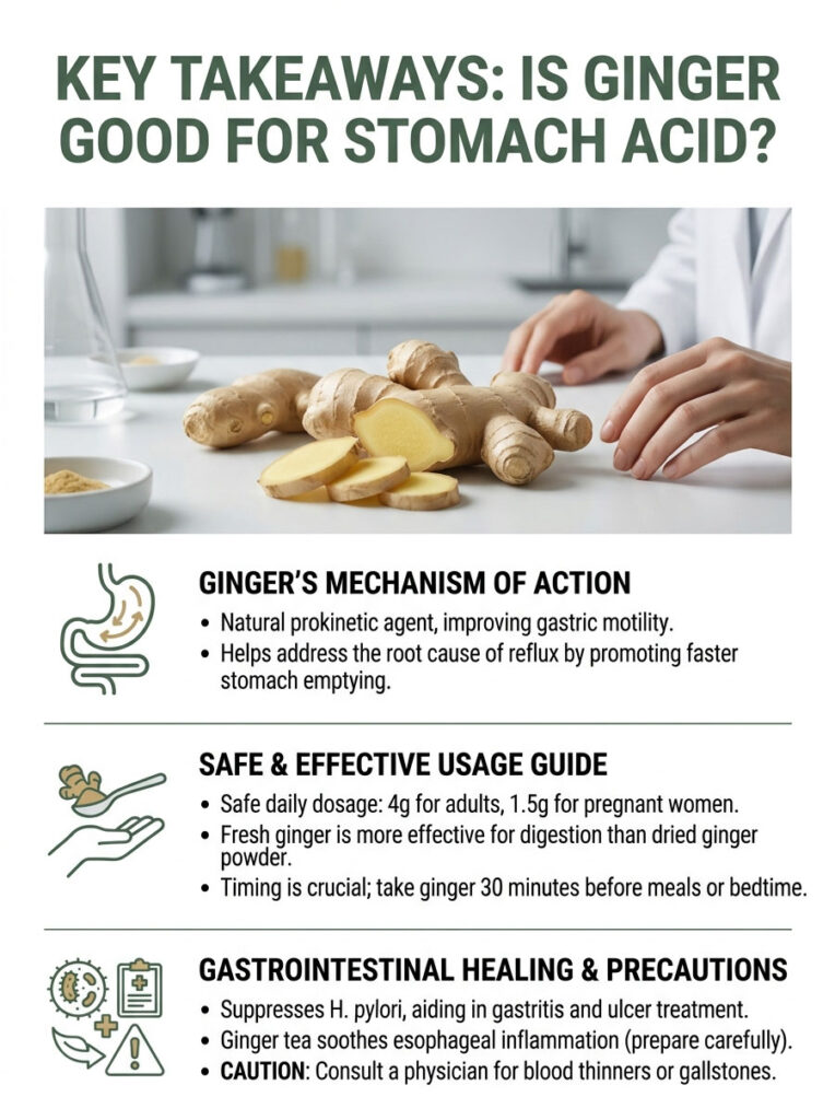 Infographic explaining ginger's benefits for stomach acid with text on mechanism, dosage, and precautions.