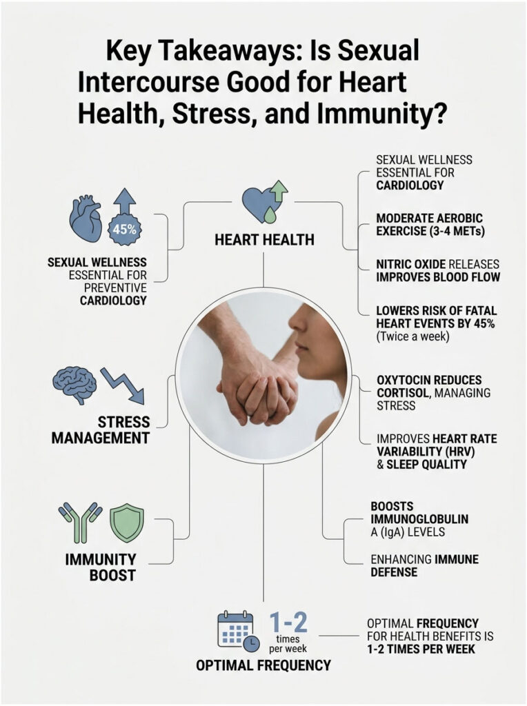 Infographic showing benefits of sexual intercourse for heart health, stress management, and immunity with icons and statistics.