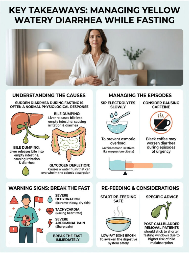 Infographic detailing management of yellow watery diarrhea while fasting, with causes, management tips, and warning signs.