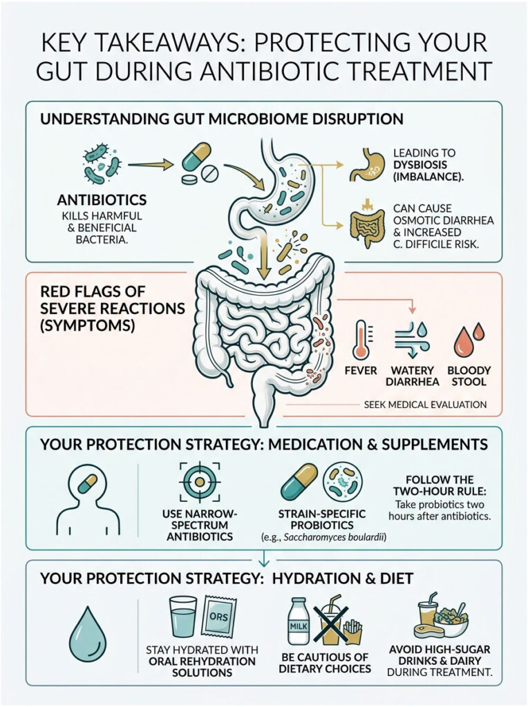 Infographic illustrating gut protection during antibiotic treatment, showing symptoms and strategies for hydration and diet.