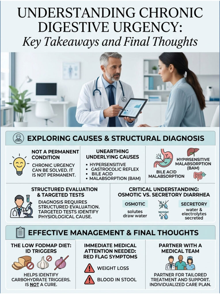 Infographic on chronic digestive urgency with sections on causes, diagnosis, and management strategies.