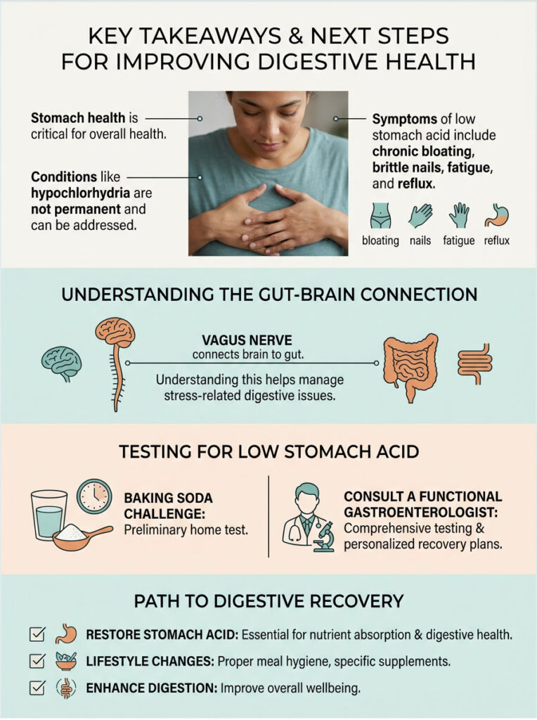 Infographic showing key takeaways for improving digestive health with illustrations and text on symptoms and solutions.