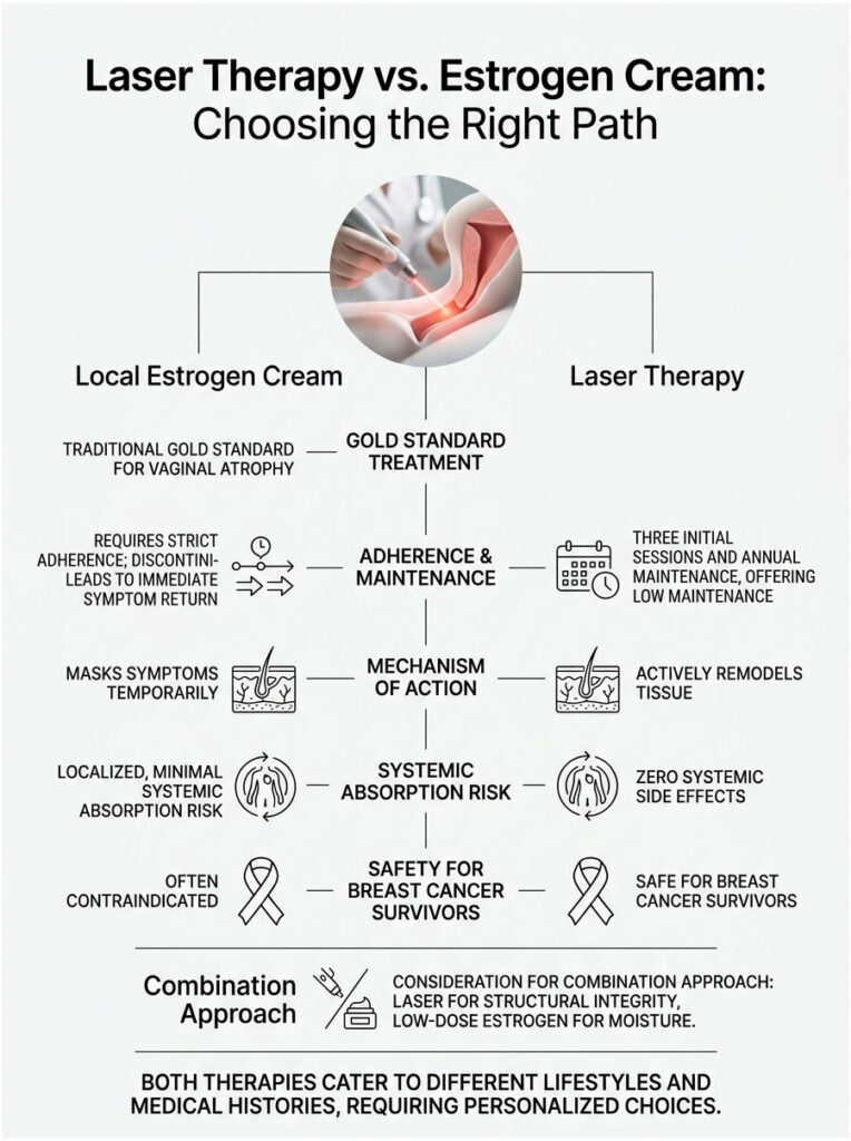 Infographic comparing Laser Therapy and Local Estrogen Cream for vaginal atrophy treatment options.