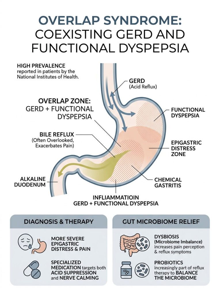 Infographic illustrating overlap syndrome with GERD and functional dyspepsia, including symptoms and treatment options.