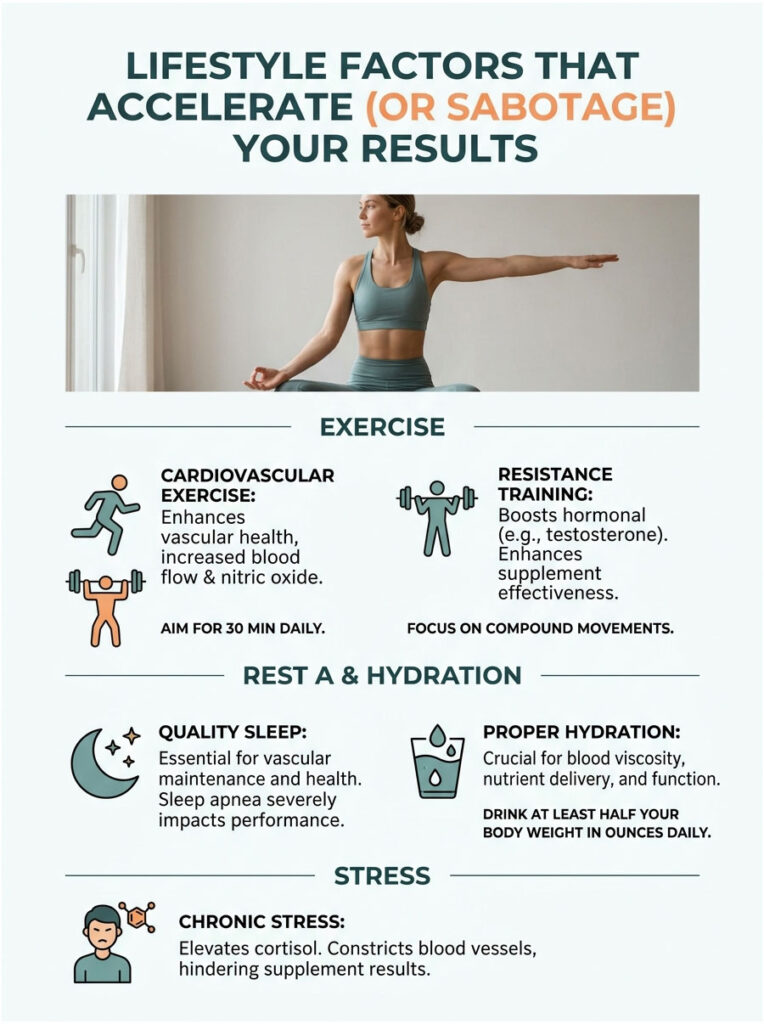 Infographic detailing lifestyle factors affecting results, including exercise, sleep, hydration, and stress management.