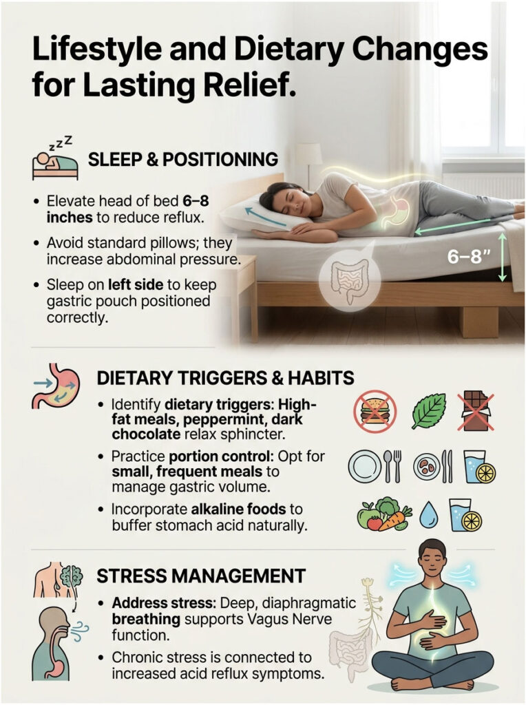 Infographic showing lifestyle and dietary changes for lasting relief from acid reflux, including sleep tips and dietary triggers.