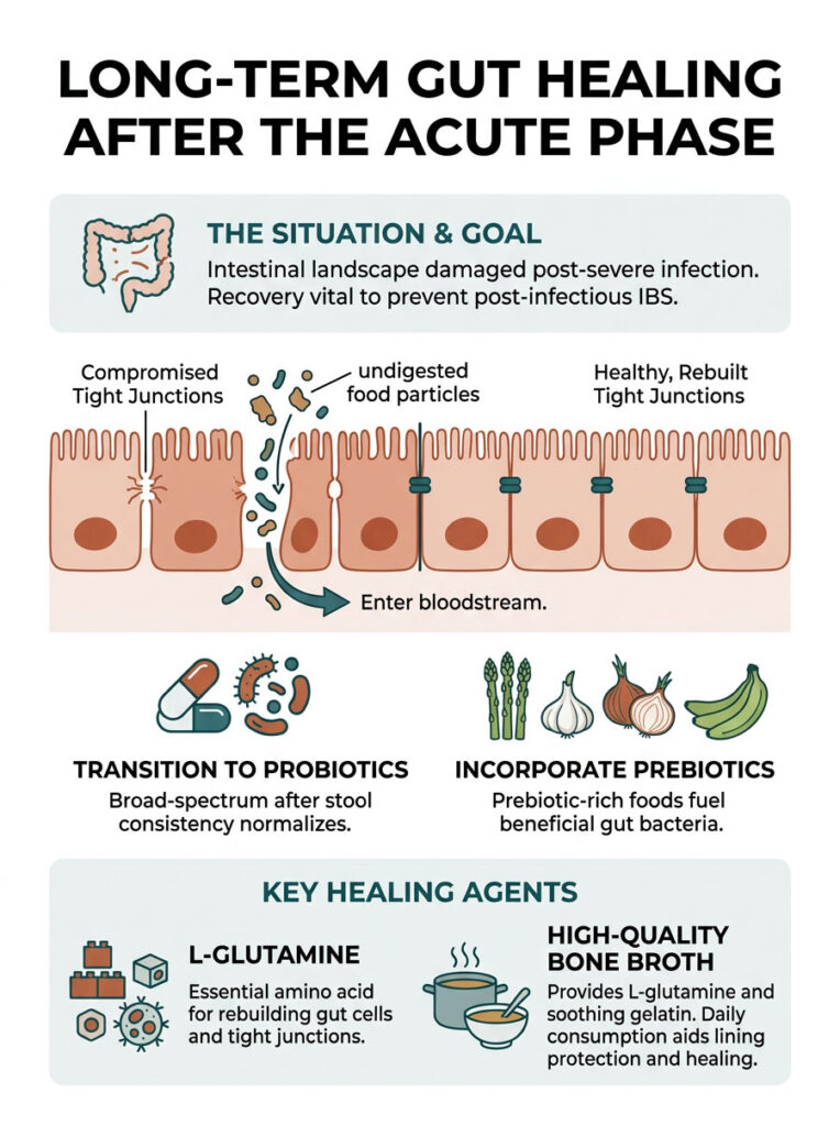 Infographic showing gut healing process post-infection with tight junctions, probiotics, prebiotics, and key agents.