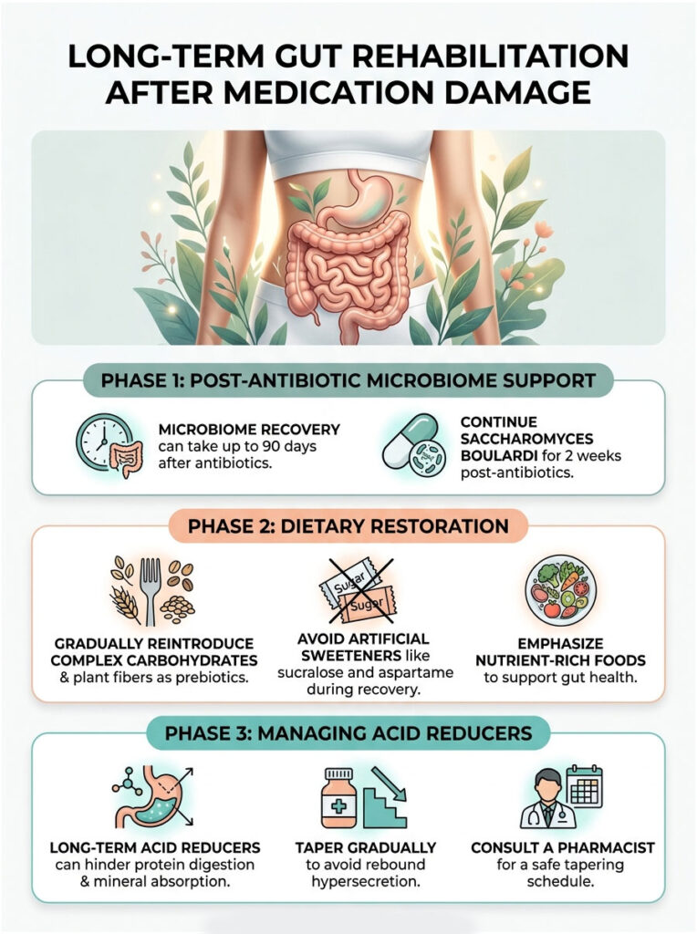 Infographic detailing long-term gut rehabilitation phases after medication damage, including dietary tips and microbiome support.