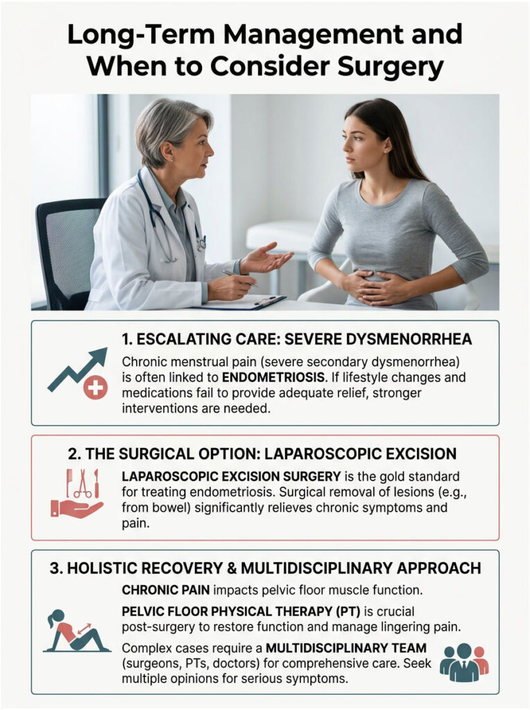 Doctor discusses endometriosis treatment options with a patient, highlighting surgery and therapy steps in an infographic.