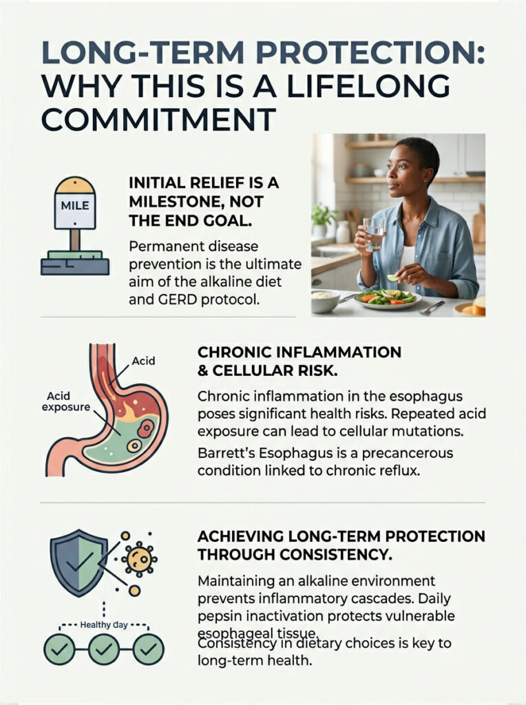 Infographic on long-term health protection, featuring text on GERD, inflammation, and dietary consistency with illustrations.