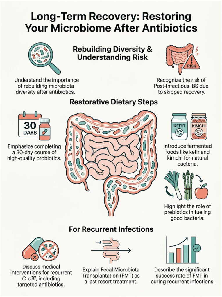 Infographic on restoring microbiome after antibiotics, featuring dietary steps, risks, and medical interventions.