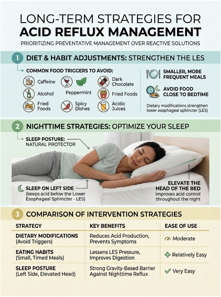 Infographic on long-term strategies for acid reflux management, detailing diet adjustments and sleep strategies.
