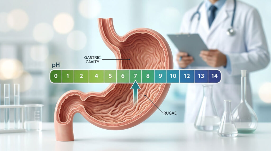 A detailed illustration of a stomach with a pH scale and labeled gastric cavity and rugae.