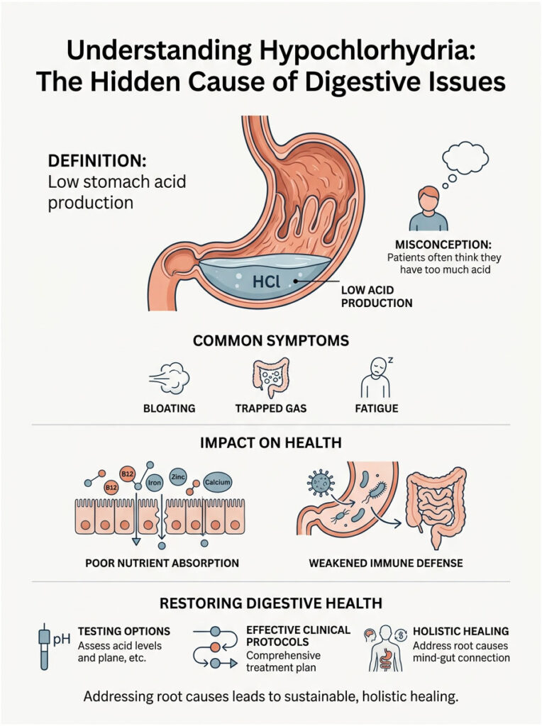 Infographic explaining hypochlorhydria, symptoms, health impacts, and restoration methods with visuals of stomach and icons.