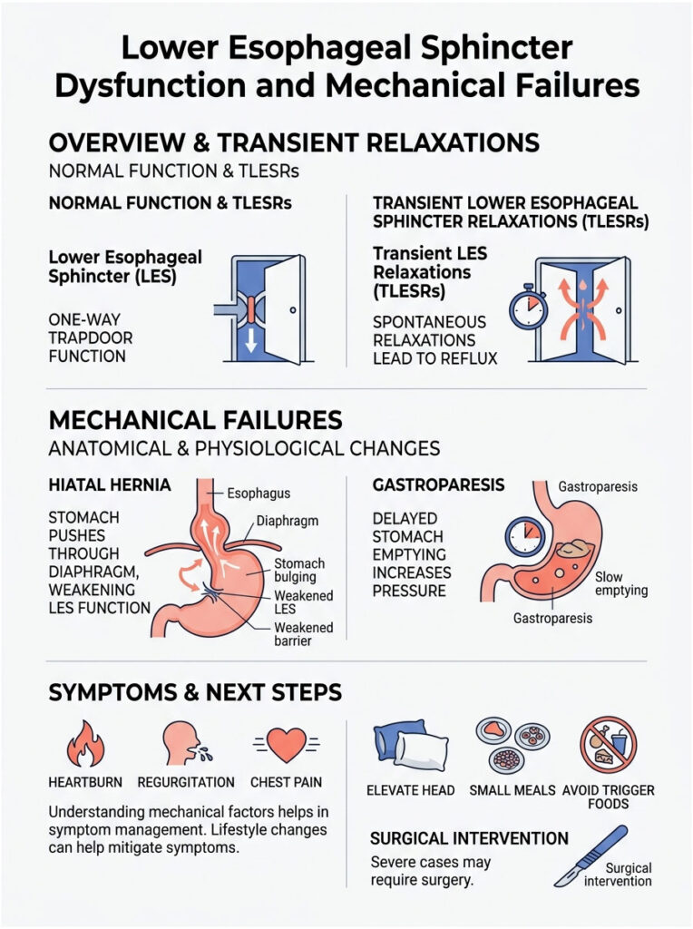Infographic explaining lower esophageal sphincter dysfunction, including symptoms and mechanical failures.