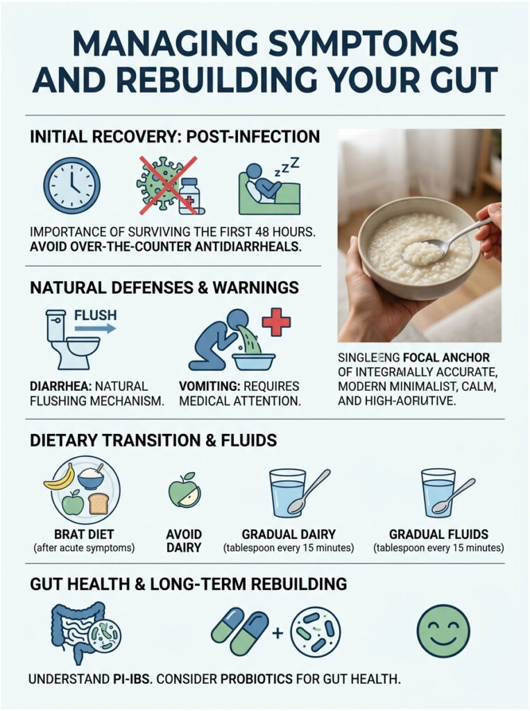 Infographic on managing gut health post-infection with tips on recovery, diet, and probiotics.
