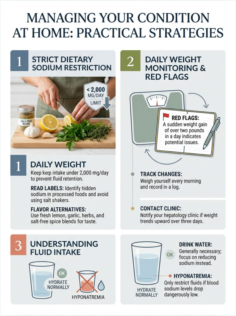 Infographic detailing practical strategies for managing health at home, including sodium restriction and weight monitoring.