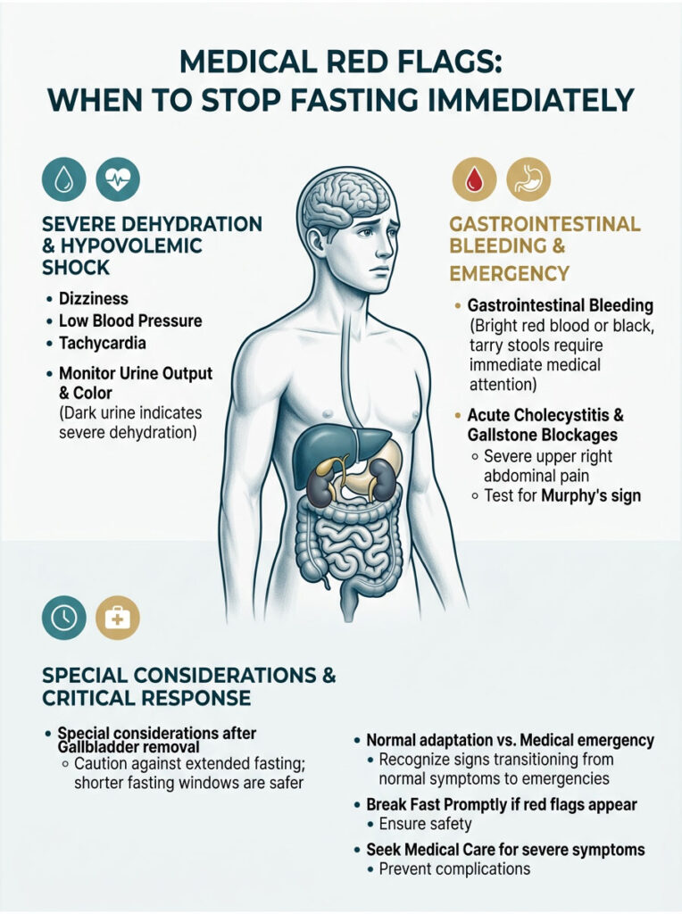 Infographic detailing medical red flags for fasting, including dehydration signs and gastrointestinal emergencies.