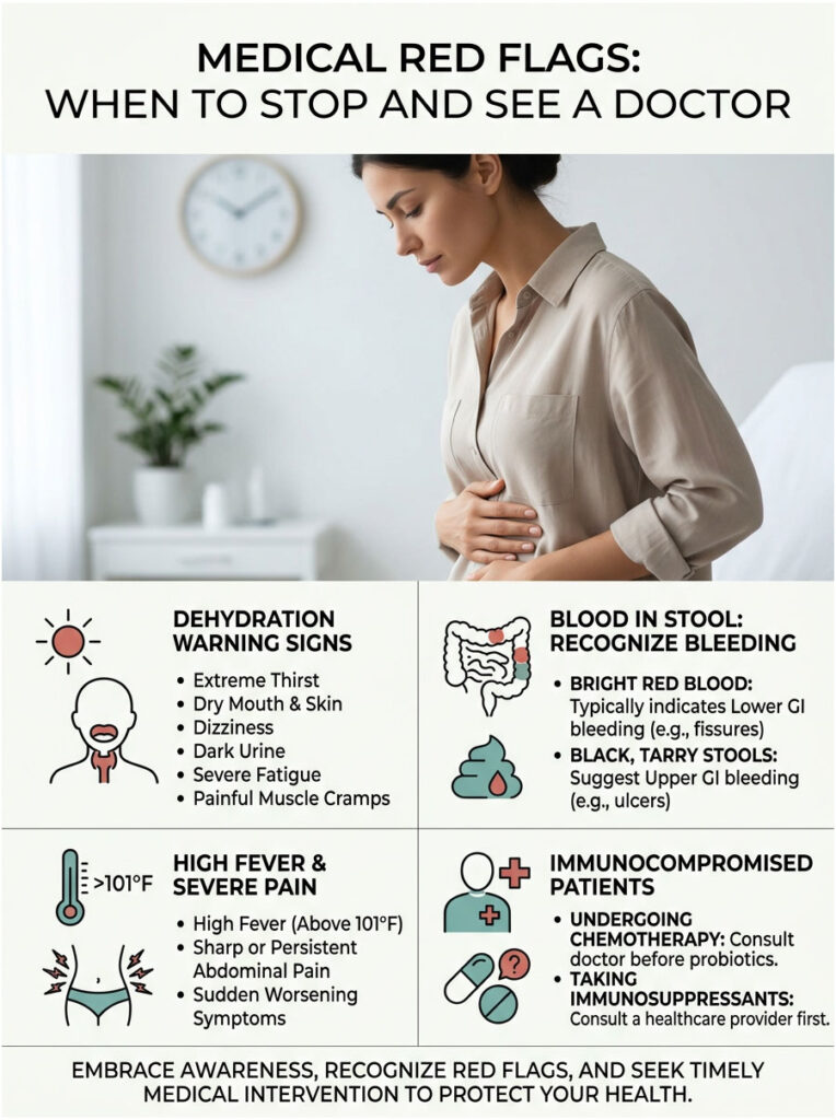 Infographic detailing medical red flags for seeking a doctor, including dehydration signs and bleeding indicators.