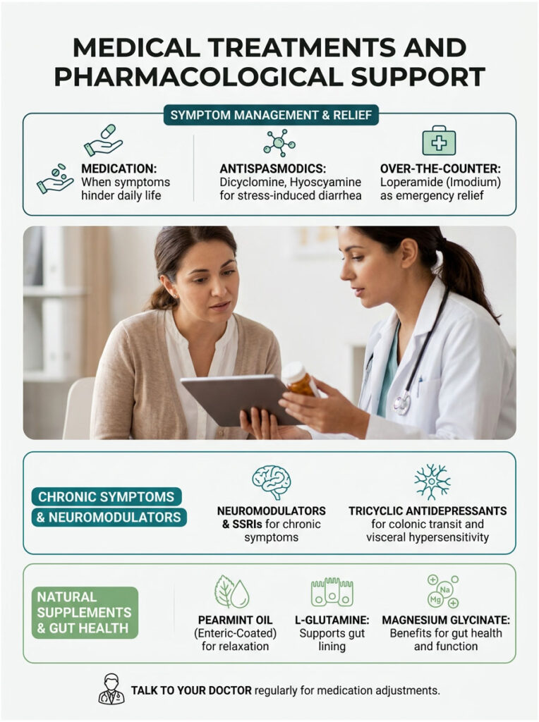 Infographic detailing medical treatments for symptom management, including medications and natural supplements.