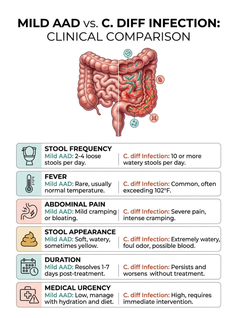 Infographic comparing Mild AAD and C. diff infection symptoms, including stool frequency and medical urgency.