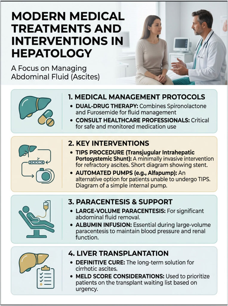 Infographic detailing modern treatments for managing abdominal fluid in hepatology, including charts and icons.