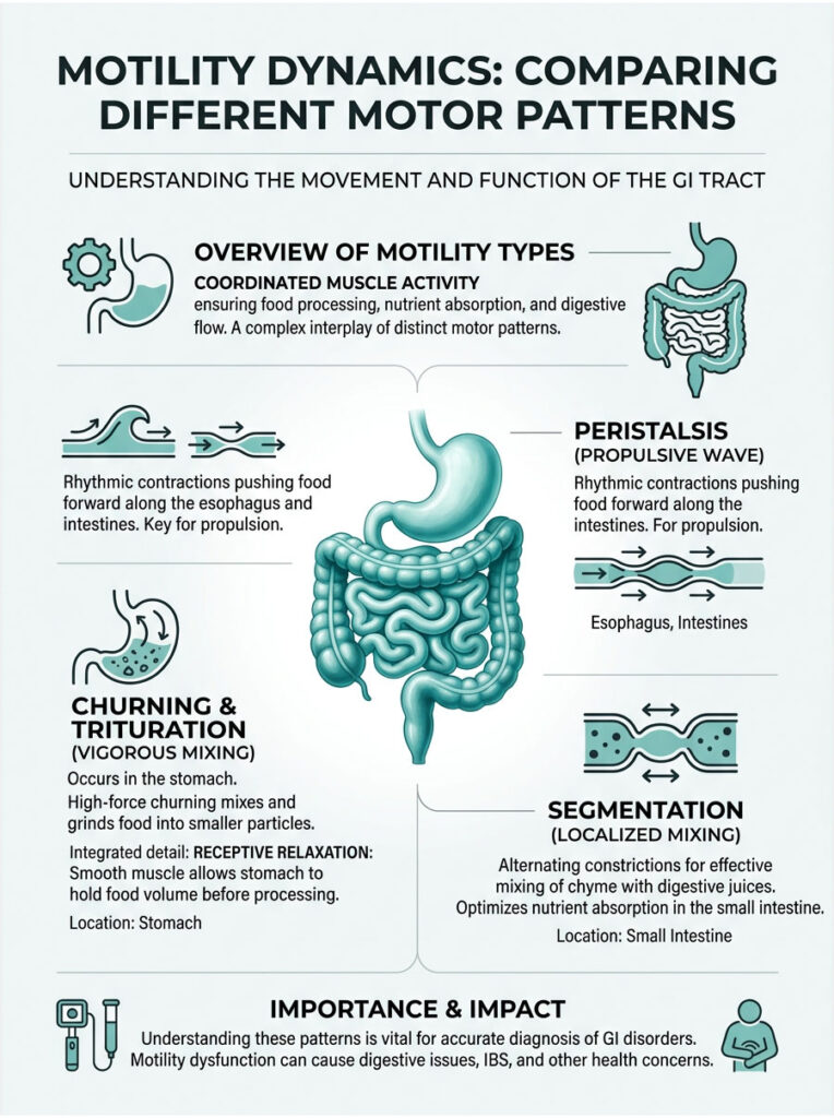 Infographic comparing gastrointestinal motility types: peristalsis, churning, and segmentation with illustrations and descriptions.