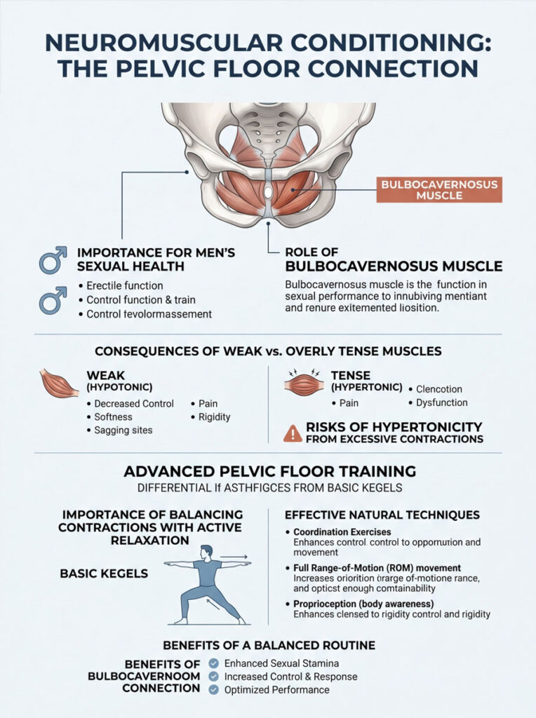 Infographic illustrating the pelvic floor connection, highlighting the bulbo cavernous muscle and its role in men's sexual health.