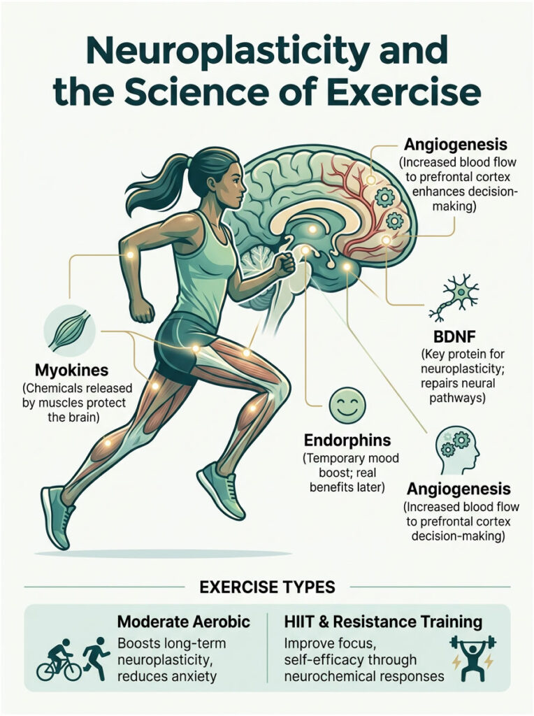 Woman running with brain illustration, highlighting neuroplasticity benefits of exercise, including myokines and BDNF.