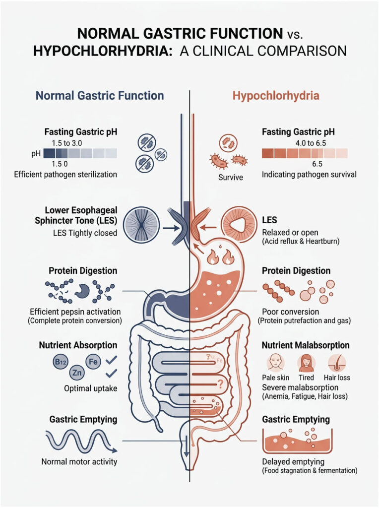 Infographic comparing normal gastric function and hypochlorhydria with charts on pH, digestion, and nutrient absorption.