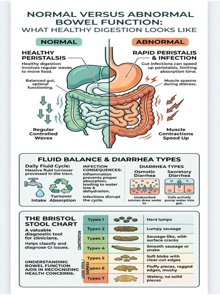Infographic comparing normal and abnormal bowel function, showing digestion processes and stool types.