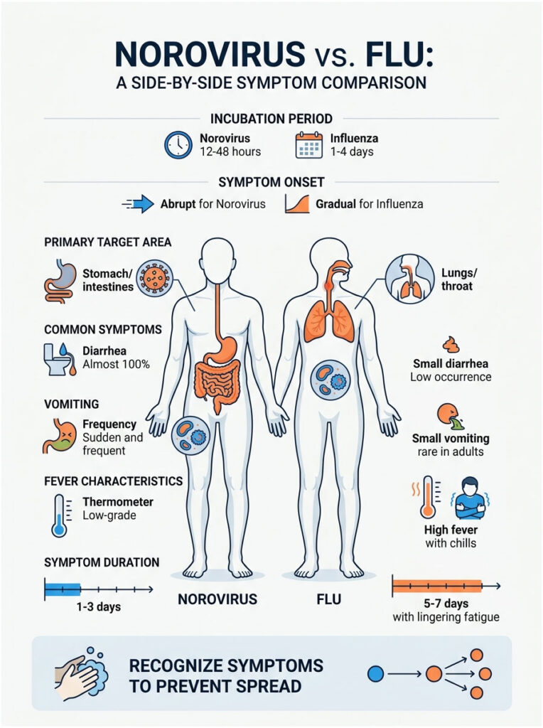 Infographic comparing Norovirus and Flu symptoms, including incubation periods and common symptoms.