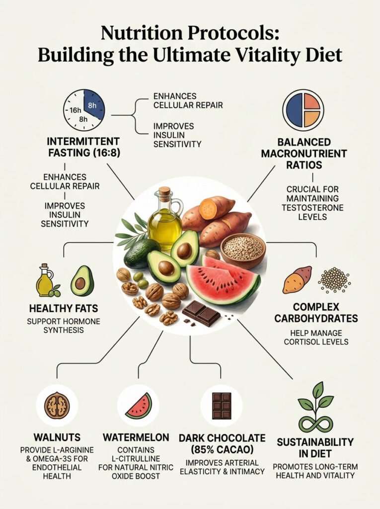 Infographic detailing nutrition protocols for vitality diet, featuring foods and benefits like intermittent fasting and healthy fats.
